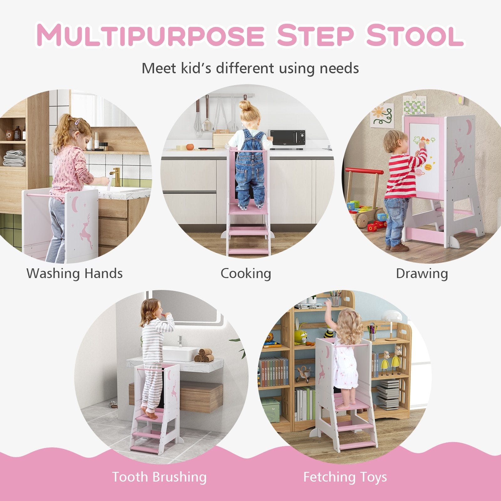 Toddler Kitchen Stool Helper Baby Standing Tower with Chalkboard and Whiteboard, Pink Toddler & Kids Furniture   at Gallery Canada