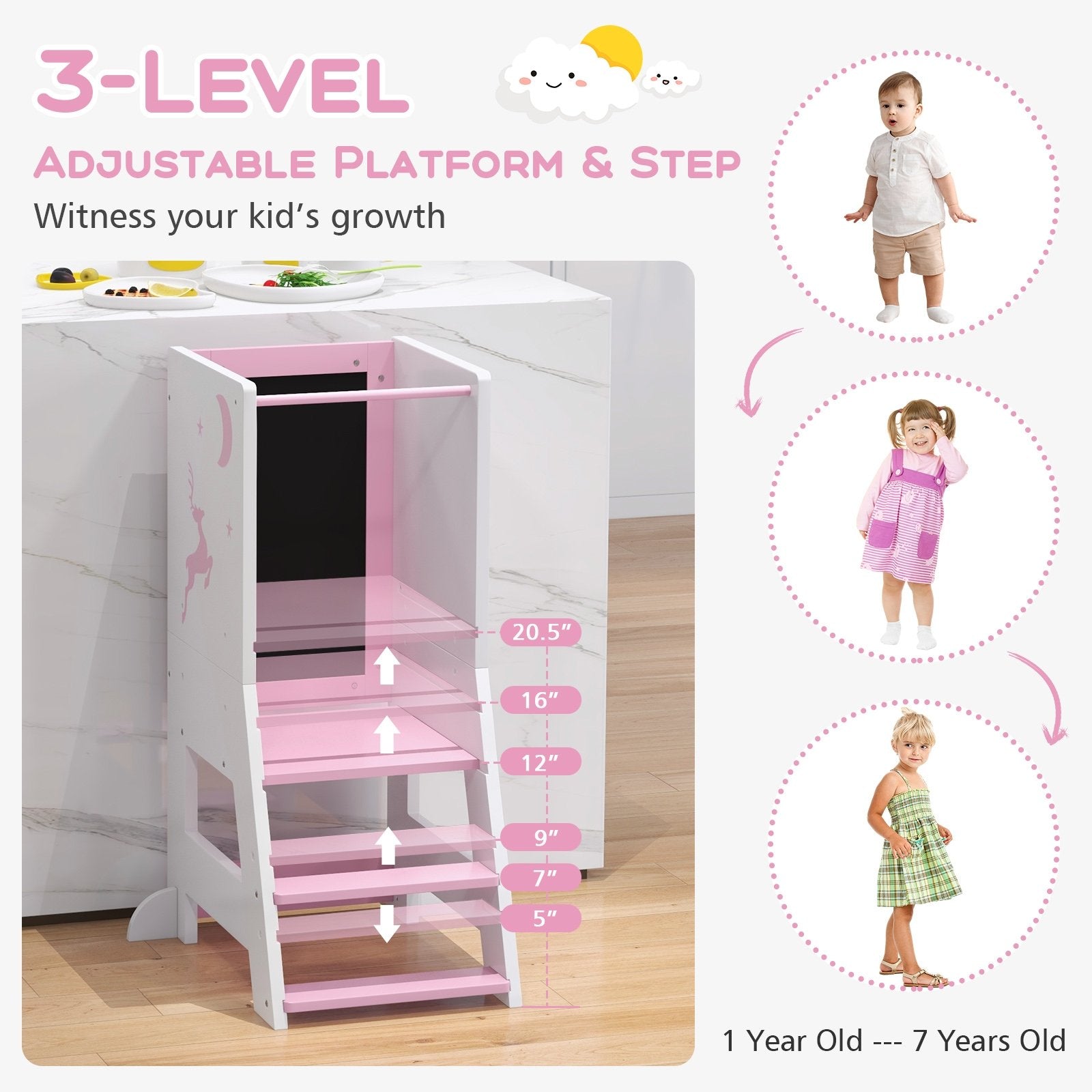 Toddler Kitchen Stool Helper Baby Standing Tower with Chalkboard and Whiteboard, Pink Toddler & Kids Furniture   at Gallery Canada