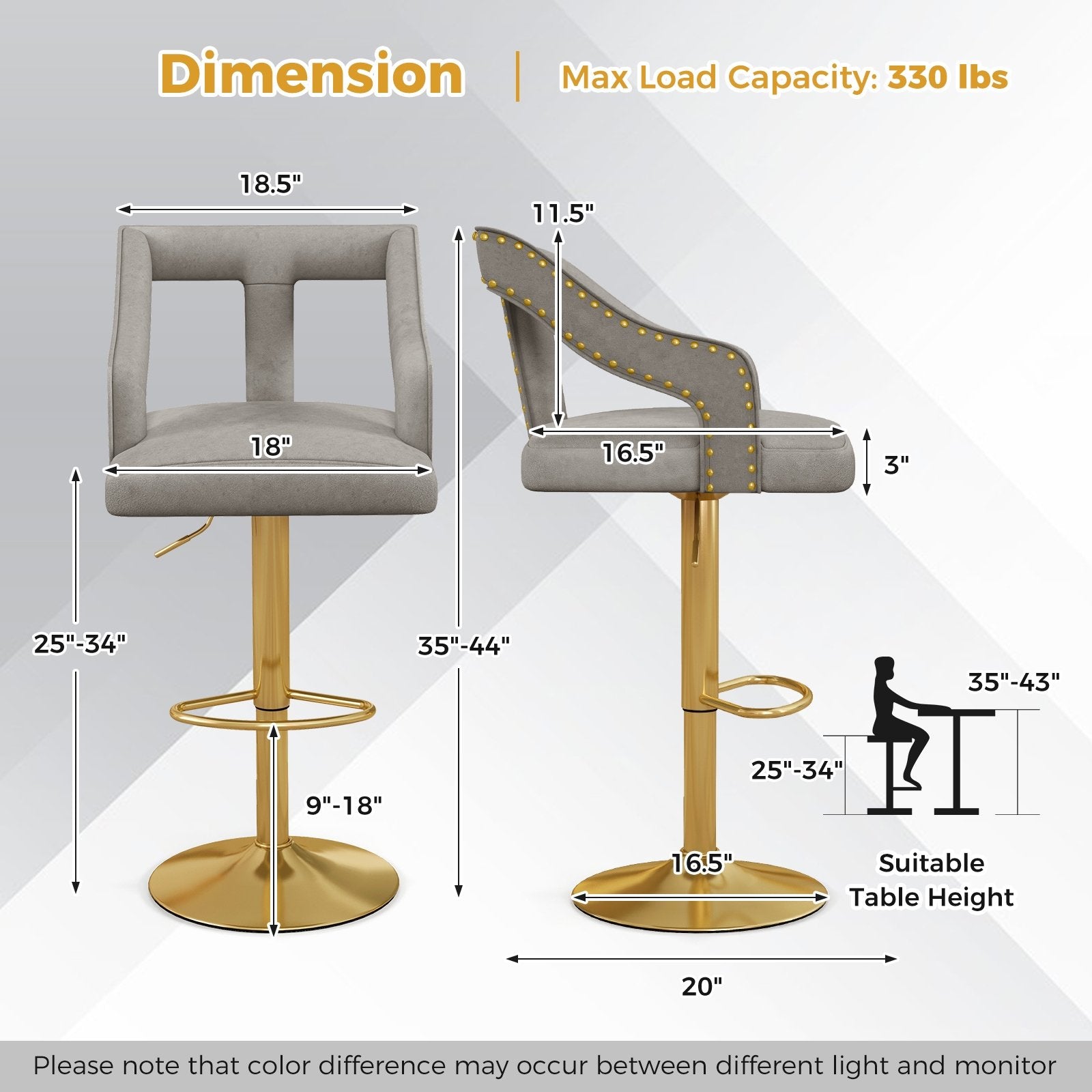 Set of 2 Bar Chairs with Footrest and 2-Layer Electroplated Metal Base, Gray Bar Tables   at Gallery Canada