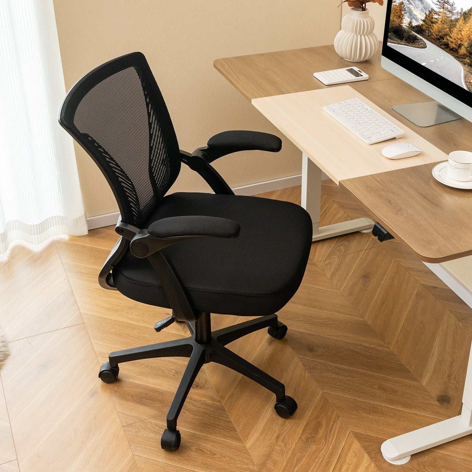 Ergonomic Office Chair Adjustable Swivel Chair with Flip-Up Armrests and Rocking Backrest, Black Mesh Chairs   at Gallery Canada