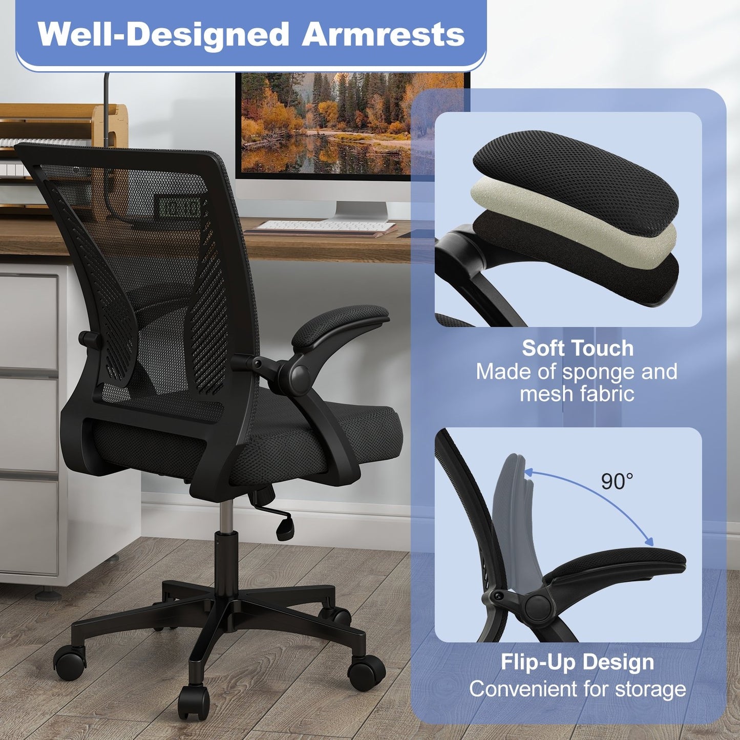 Ergonomic Office Chair Adjustable Swivel Chair with Flip-Up Armrests and Rocking Backrest, Black Mesh Chairs   at Gallery Canada