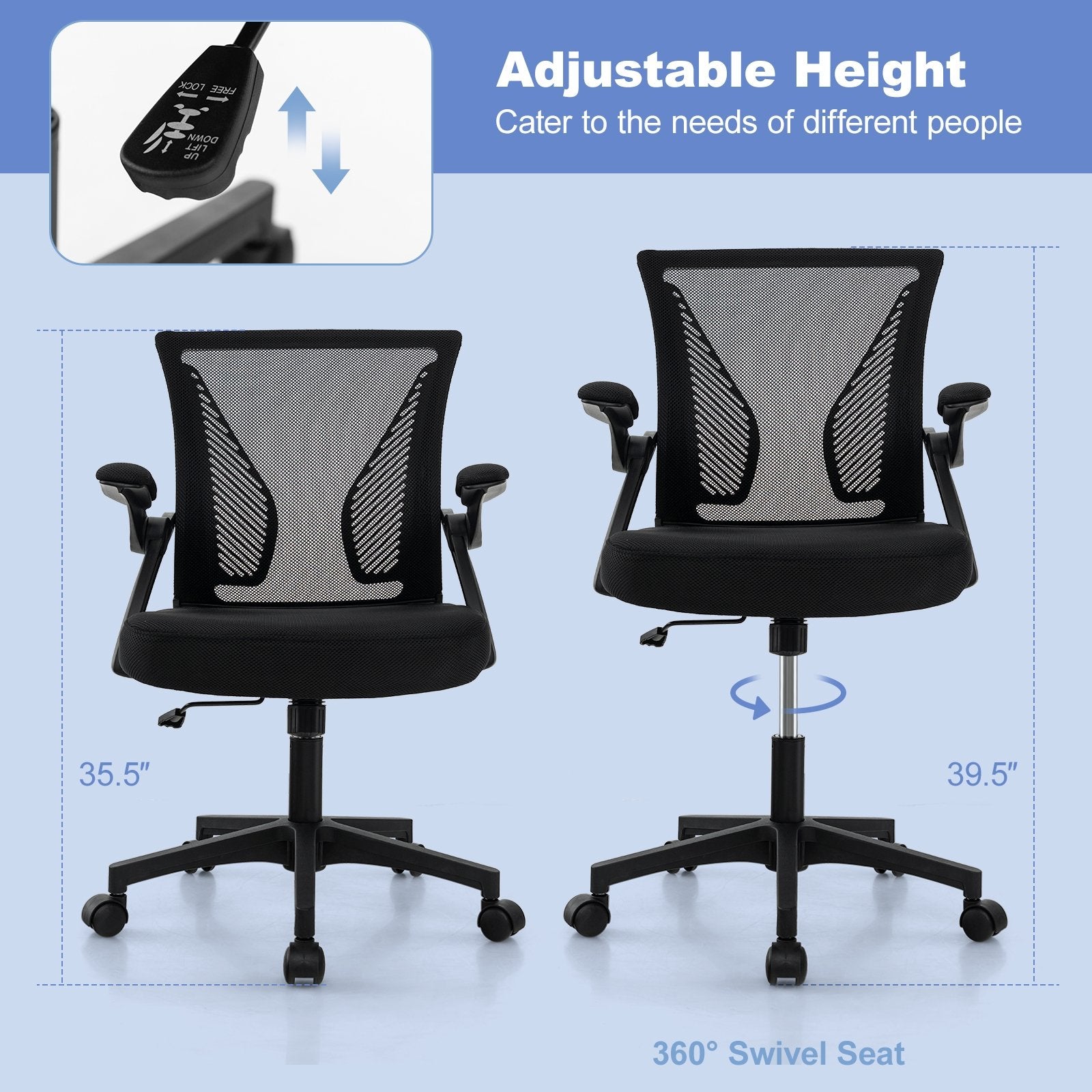 Ergonomic Office Chair Adjustable Swivel Chair with Flip-Up Armrests and Rocking Backrest, Black Mesh Chairs   at Gallery Canada