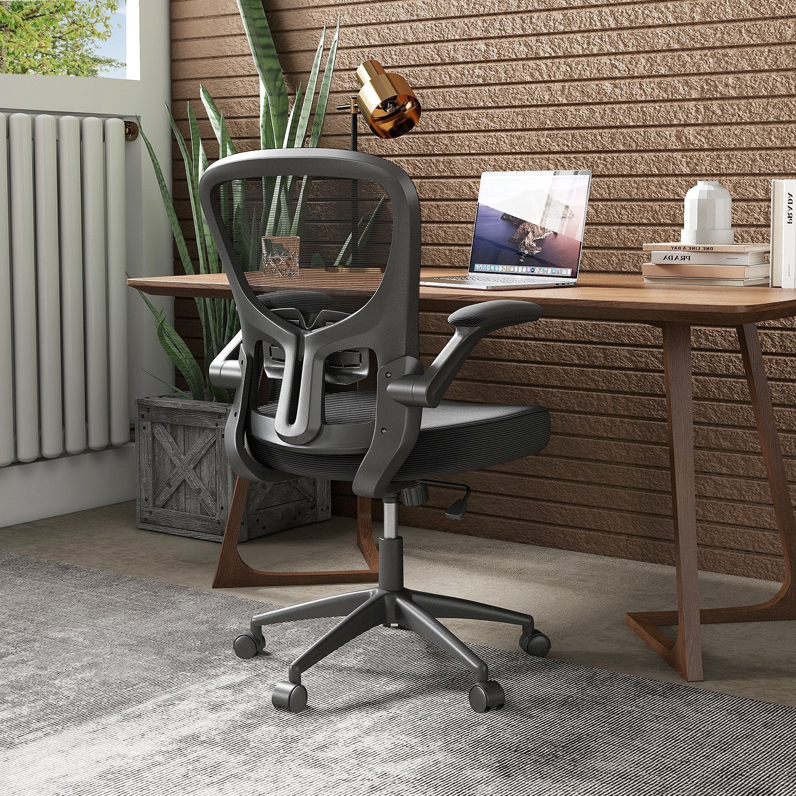 Adjustable Swivel Mesh Task Office Chair with Flip-Up Armrests, Black Mesh Chairs   at Gallery Canada