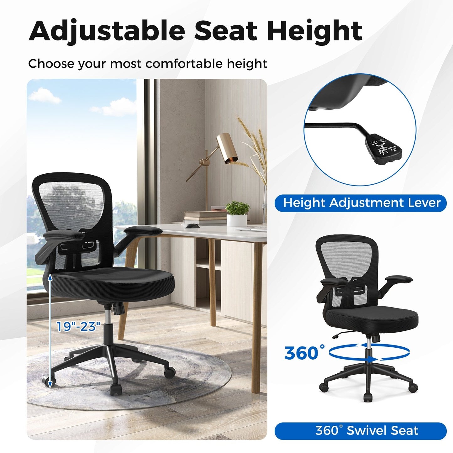 Adjustable Swivel Mesh Task Office Chair with Flip-Up Armrests, Black Mesh Chairs   at Gallery Canada