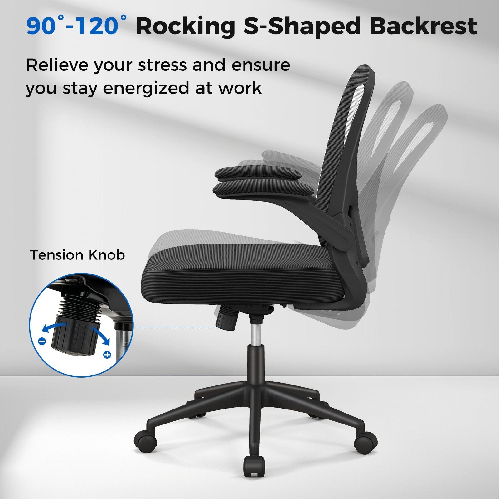 Adjustable Swivel Mesh Task Office Chair with Flip-Up Armrests, Black Mesh Chairs   at Gallery Canada