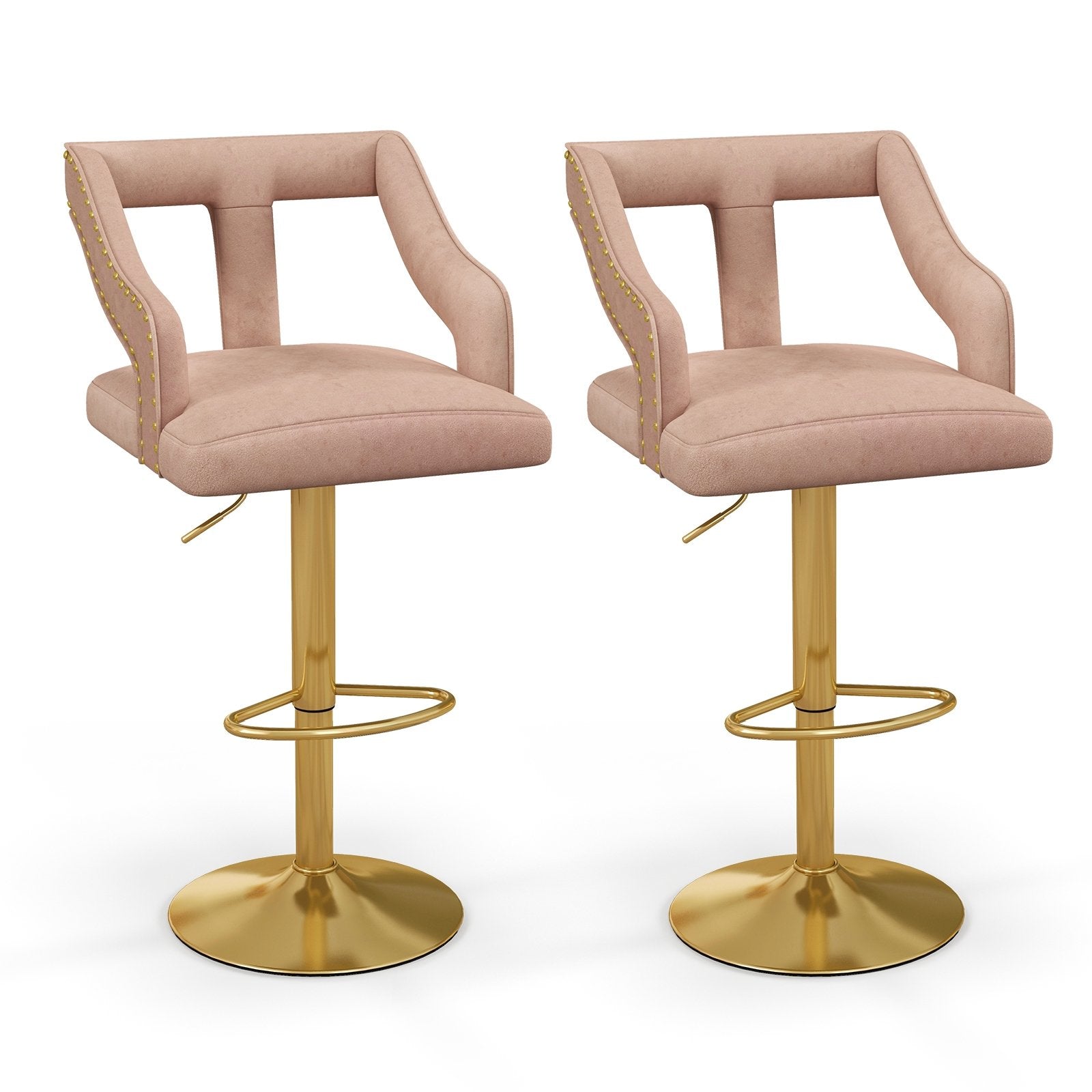 Set of 2 Bar Chairs with Footrest and 2-Layer Electroplated Metal Base, Pink Bar Tables   at Gallery Canada