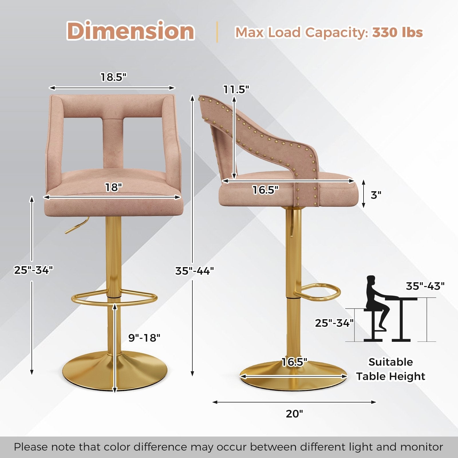 Set of 2 Bar Chairs with Footrest and 2-Layer Electroplated Metal Base, Pink Bar Tables   at Gallery Canada