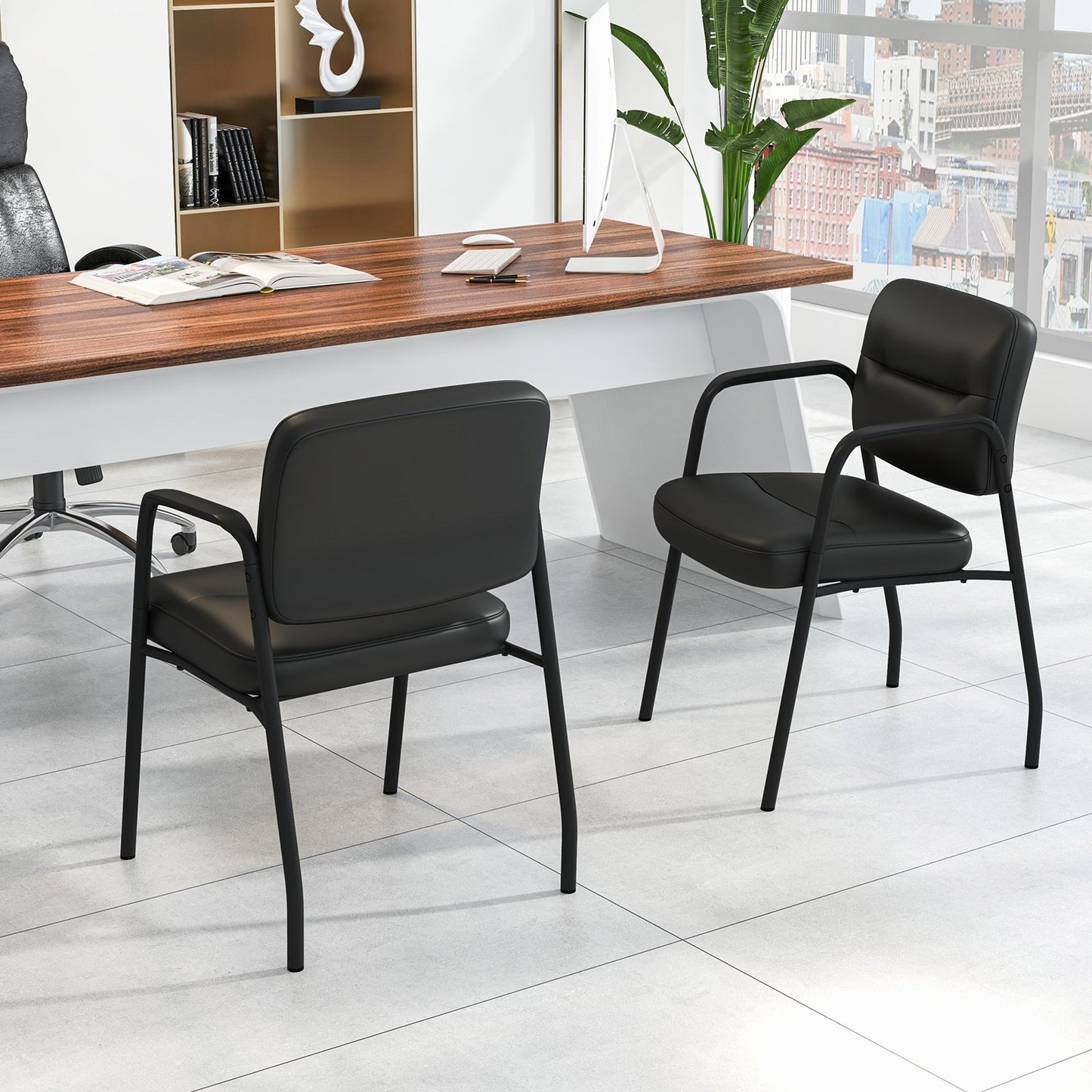 Waiting Room Guest Chair Set of 2 Upholstered Reception Chairs with Mixed PU Leather and Integrated Armrests, Black Conference Chairs   at Gallery Canada