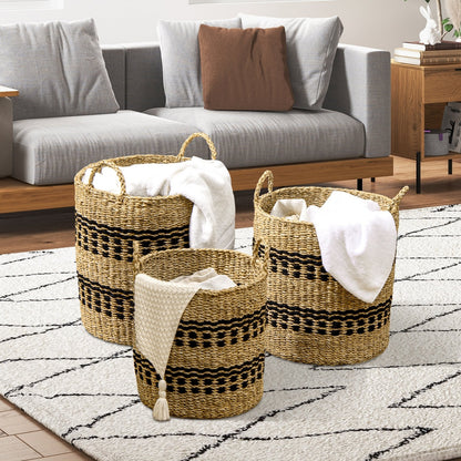 Seagrass Basket Set of 3 Stackable Storage Bins with Handles Woven Round Basket-M, Natural Laundry Baskets   at Gallery Canada