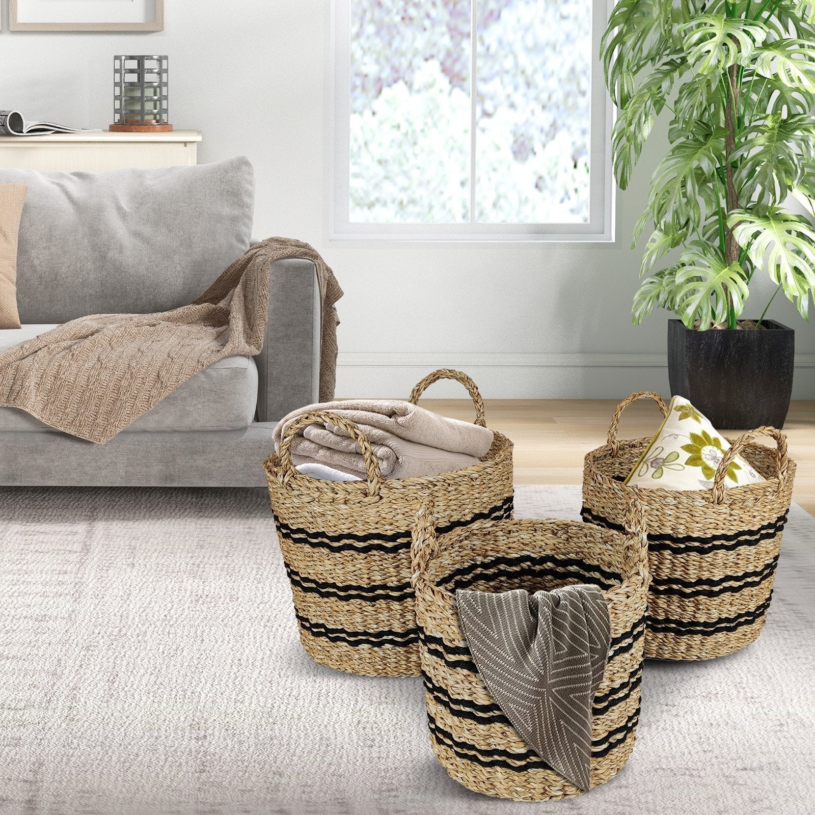 Seagrass Basket Set of 3 Stackable Storage Bins with Handles Woven Round Basket-S, Natural Laundry Baskets   at Gallery Canada