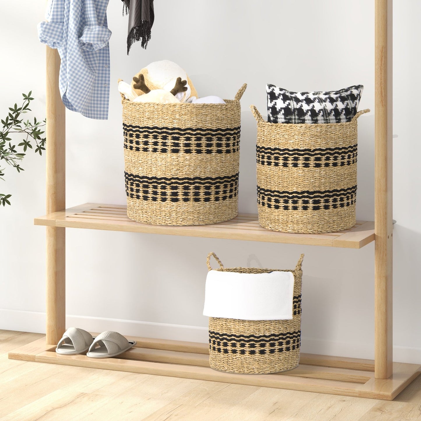 Seagrass Basket Set of 3 Stackable Storage Bins with Handles Woven Round Basket-M, Natural Laundry Baskets   at Gallery Canada