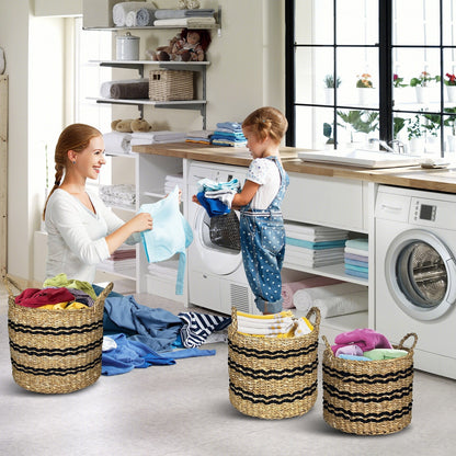 Seagrass Basket Set of 3 Stackable Storage Bins with Handles Woven Round Basket-S, Natural Laundry Baskets   at Gallery Canada