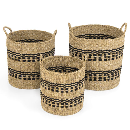 Seagrass Basket Set of 3 Stackable Storage Bins with Handles Woven Round Basket-M, Natural Laundry Baskets   at Gallery Canada