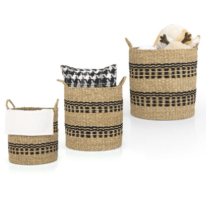 Seagrass Basket Set of 3 Stackable Storage Bins with Handles Woven Round Basket-M, Natural Laundry Baskets   at Gallery Canada