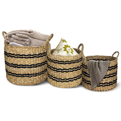 Seagrass Basket Set of 3 Stackable Storage Bins with Handles Woven Round Basket-S, Natural Laundry Baskets   at Gallery Canada