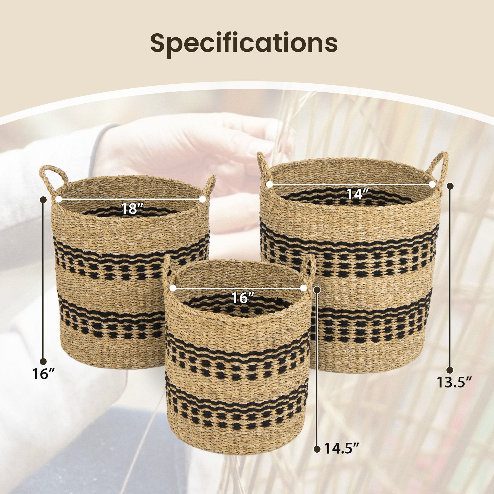 Seagrass Basket Set of 3 Stackable Storage Bins with Handles Woven Round Basket-M, Natural Laundry Baskets   at Gallery Canada