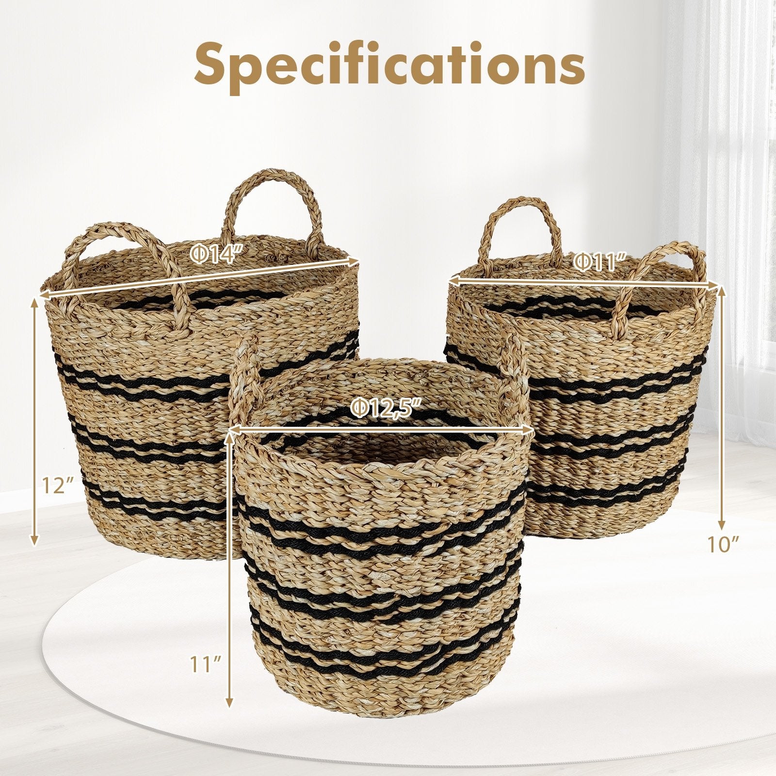 Seagrass Basket Set of 3 Stackable Storage Bins with Handles Woven Round Basket-S, Natural Laundry Baskets   at Gallery Canada