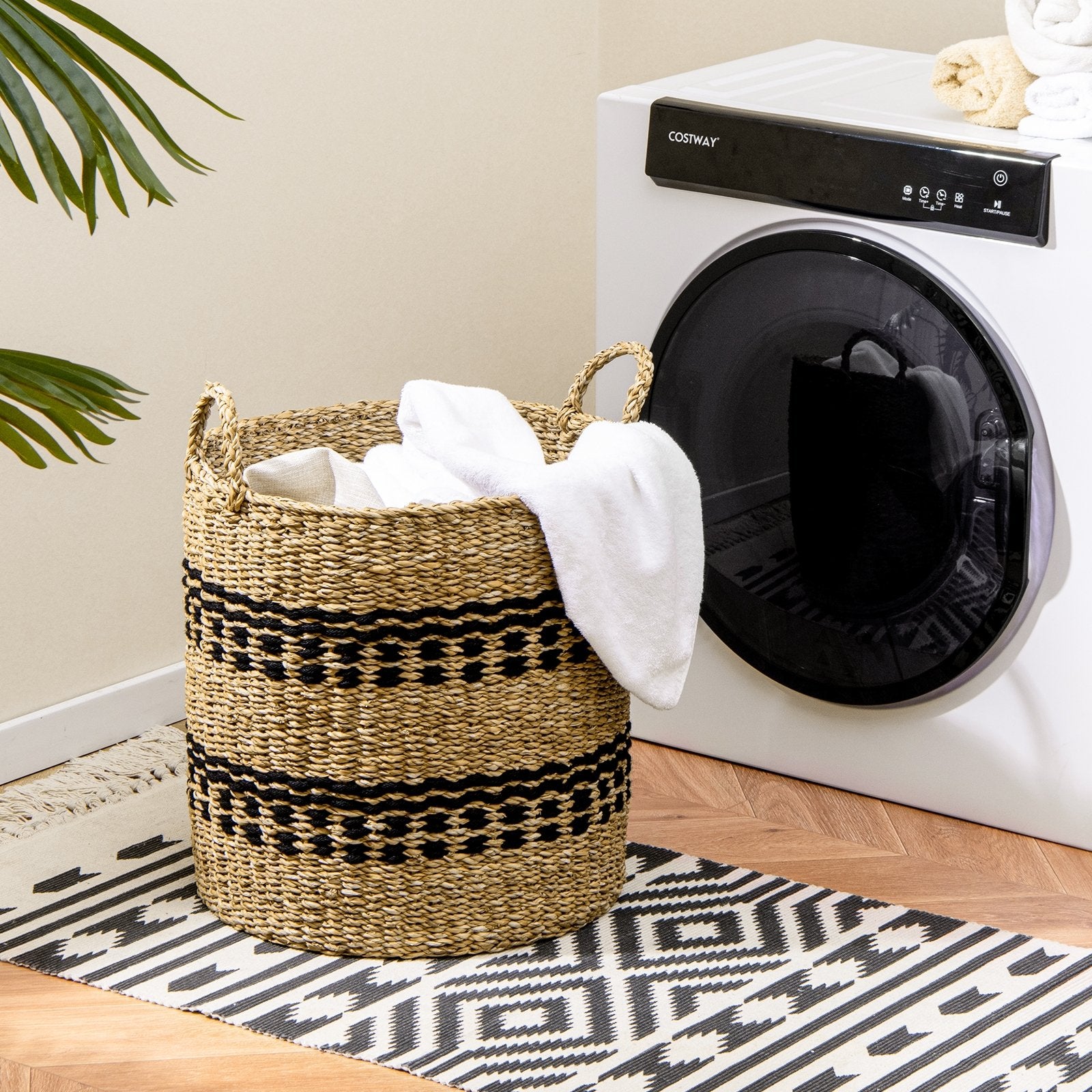 Seagrass Basket Set of 3 Stackable Storage Bins with Handles Woven Round Basket-M, Natural Laundry Baskets   at Gallery Canada