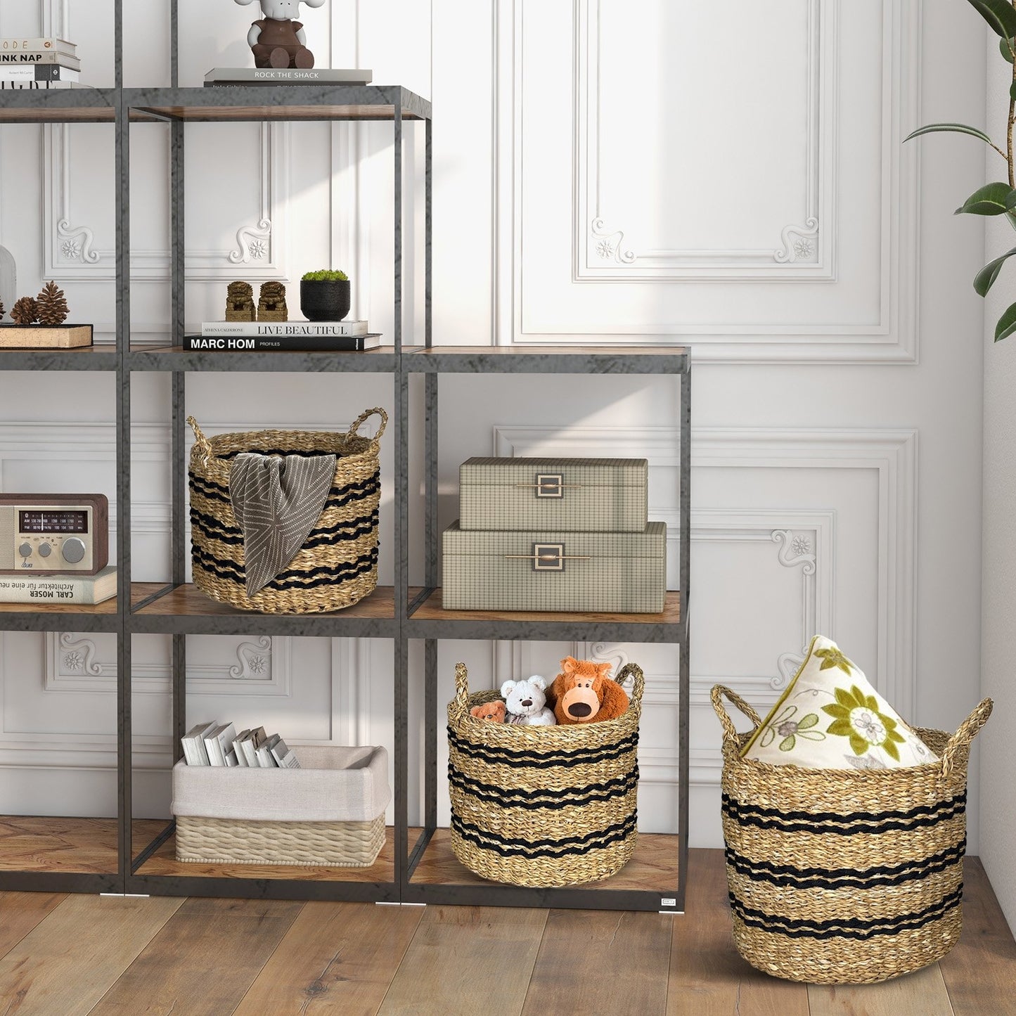 Seagrass Basket Set of 3 Stackable Storage Bins with Handles Woven Round Basket-S, Natural Laundry Baskets   at Gallery Canada