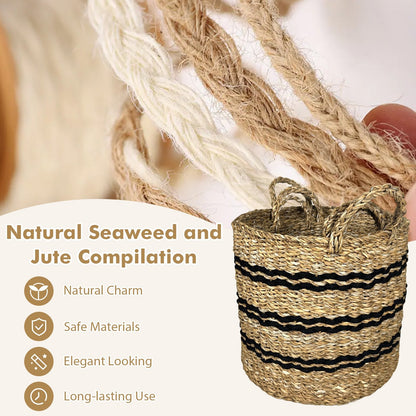 Seagrass Basket Set of 3 Stackable Storage Bins with Handles Woven Round Basket-S, Natural Laundry Baskets   at Gallery Canada