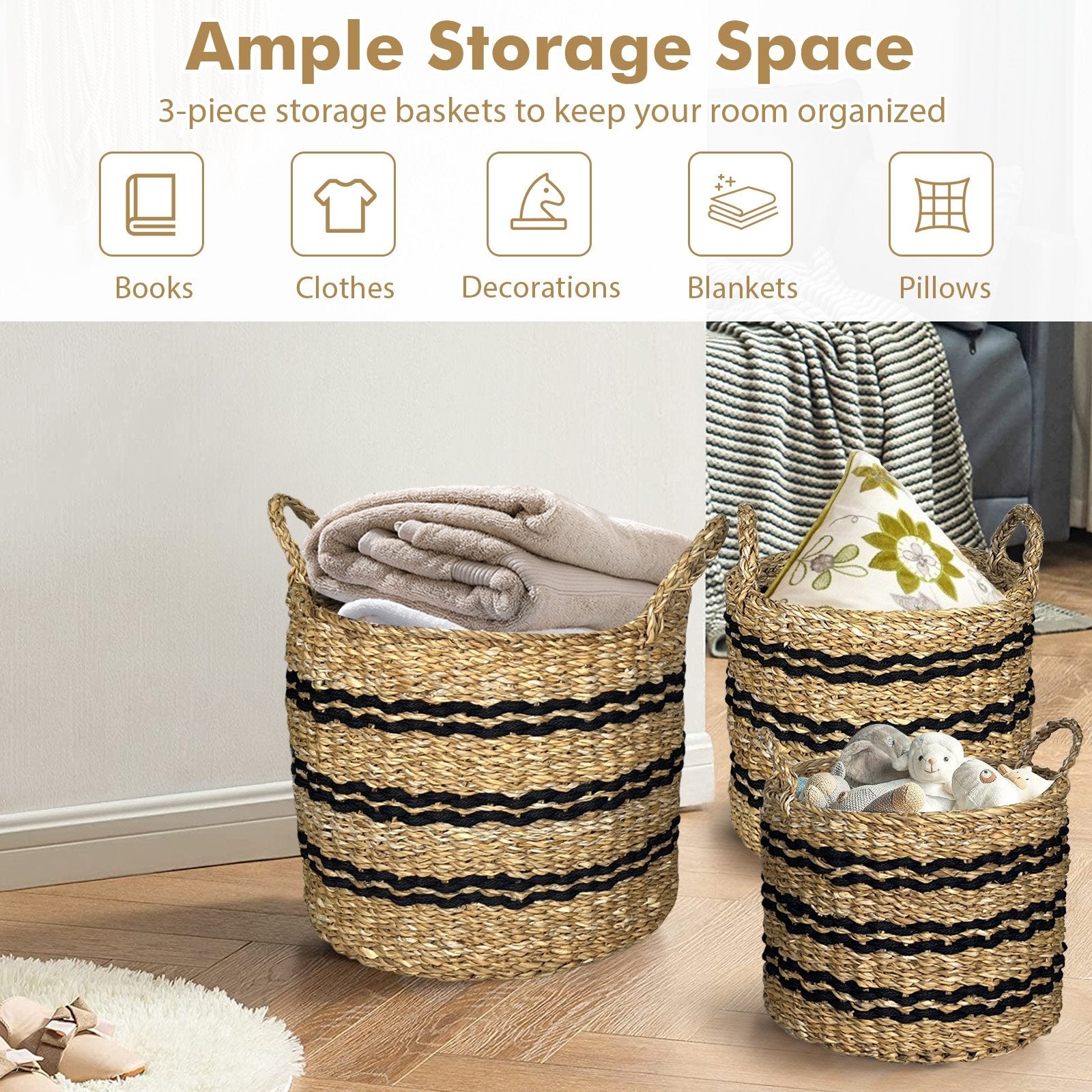 Seagrass Basket Set of 3 Stackable Storage Bins with Handles Woven Round Basket-S, Natural Laundry Baskets   at Gallery Canada