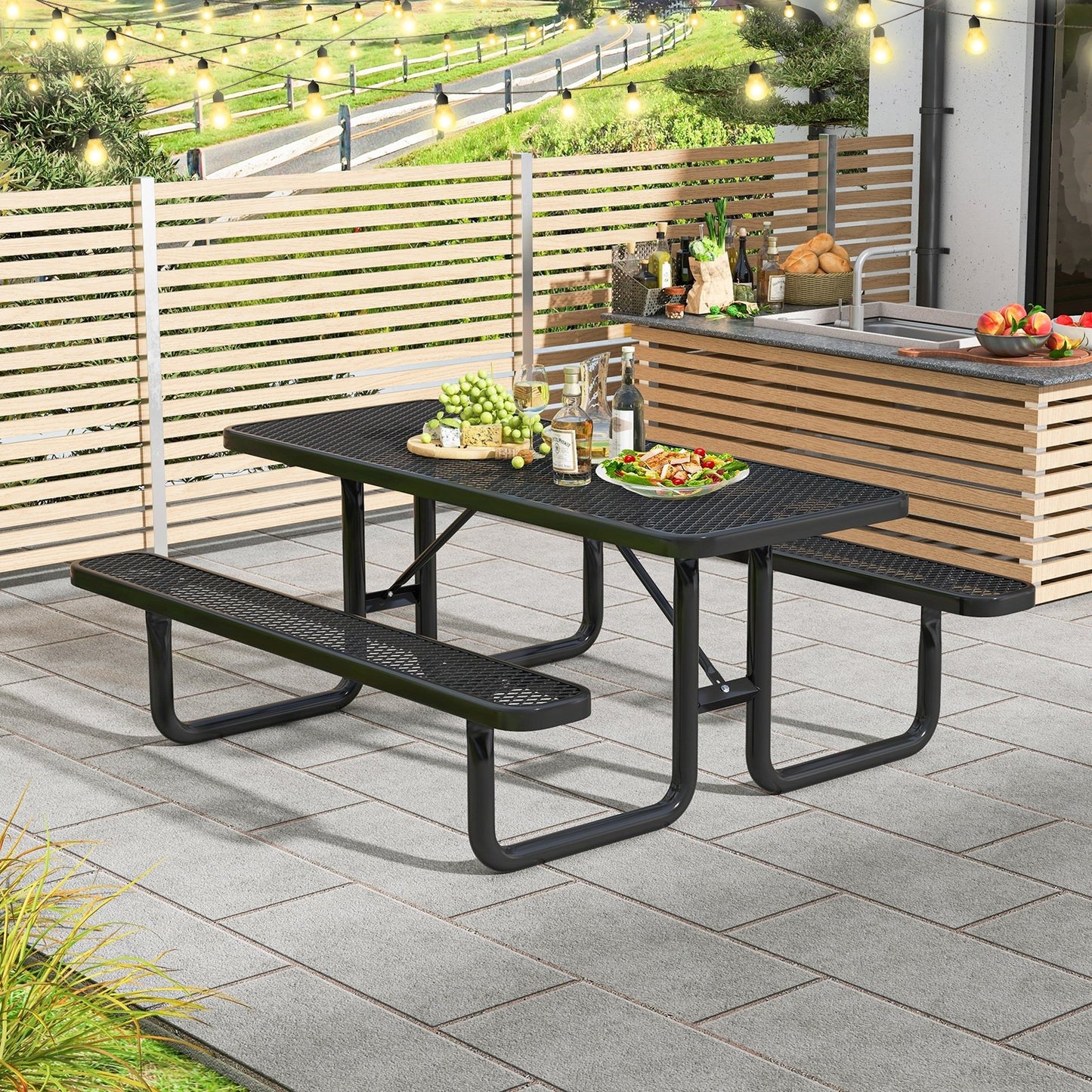 Outdoor Picnic Table and Bench Set for 8 Person with Seats and Mesh Grid, Black Picnic Tables   at Gallery Canada