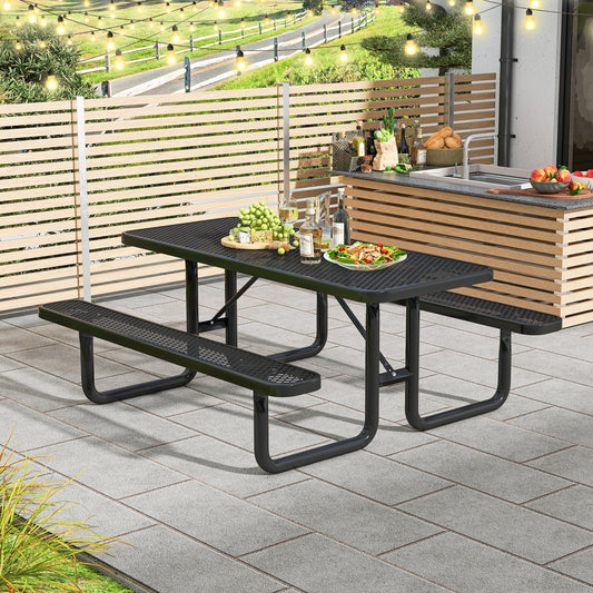 Outdoor Picnic Table and Bench Set for 8 Person with Seats and Mesh Grid, Black - Gallery Canada