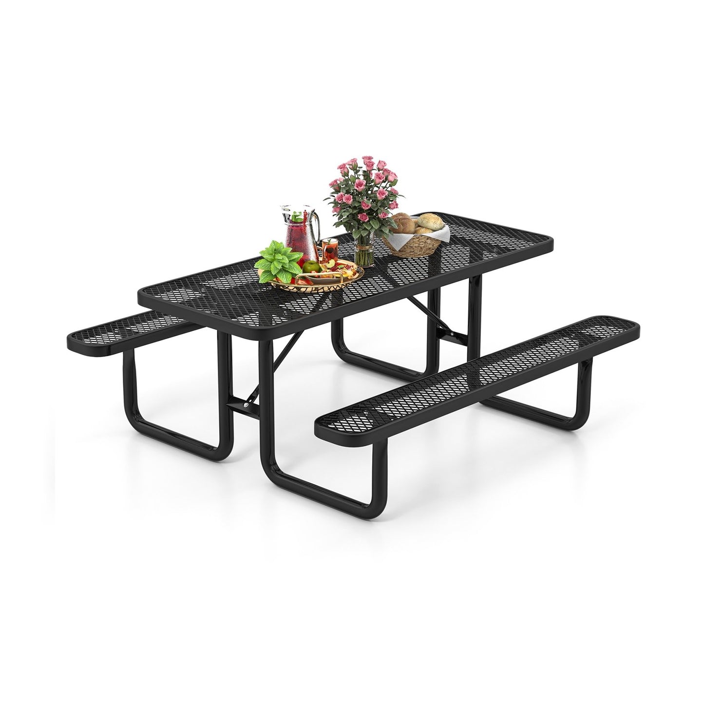 Outdoor Picnic Table and Bench Set for 8 Person with Seats and Mesh Grid, Black Picnic Tables   at Gallery Canada