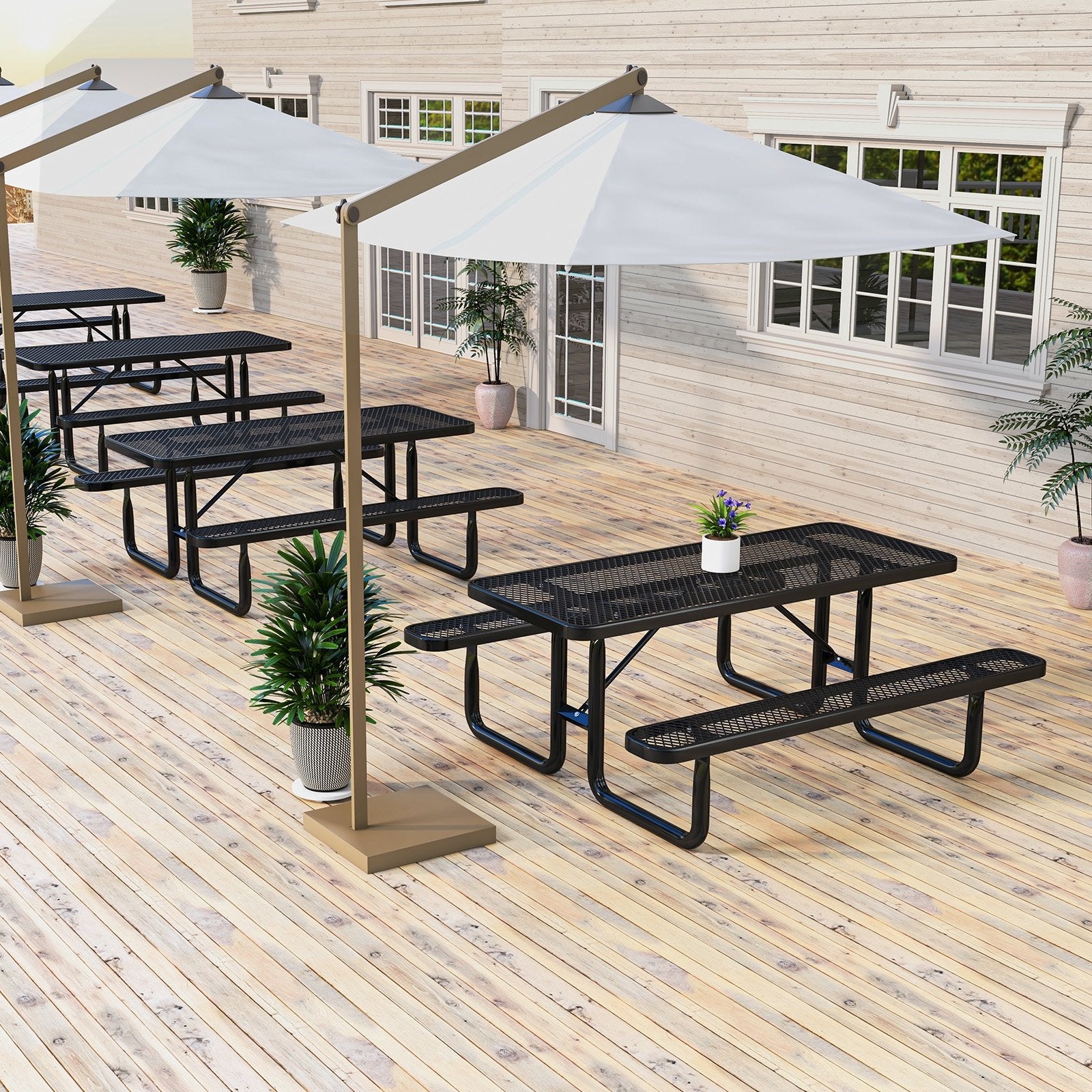 Outdoor Picnic Table and Bench Set for 8 Person with Seats and Mesh Grid, Black Picnic Tables   at Gallery Canada