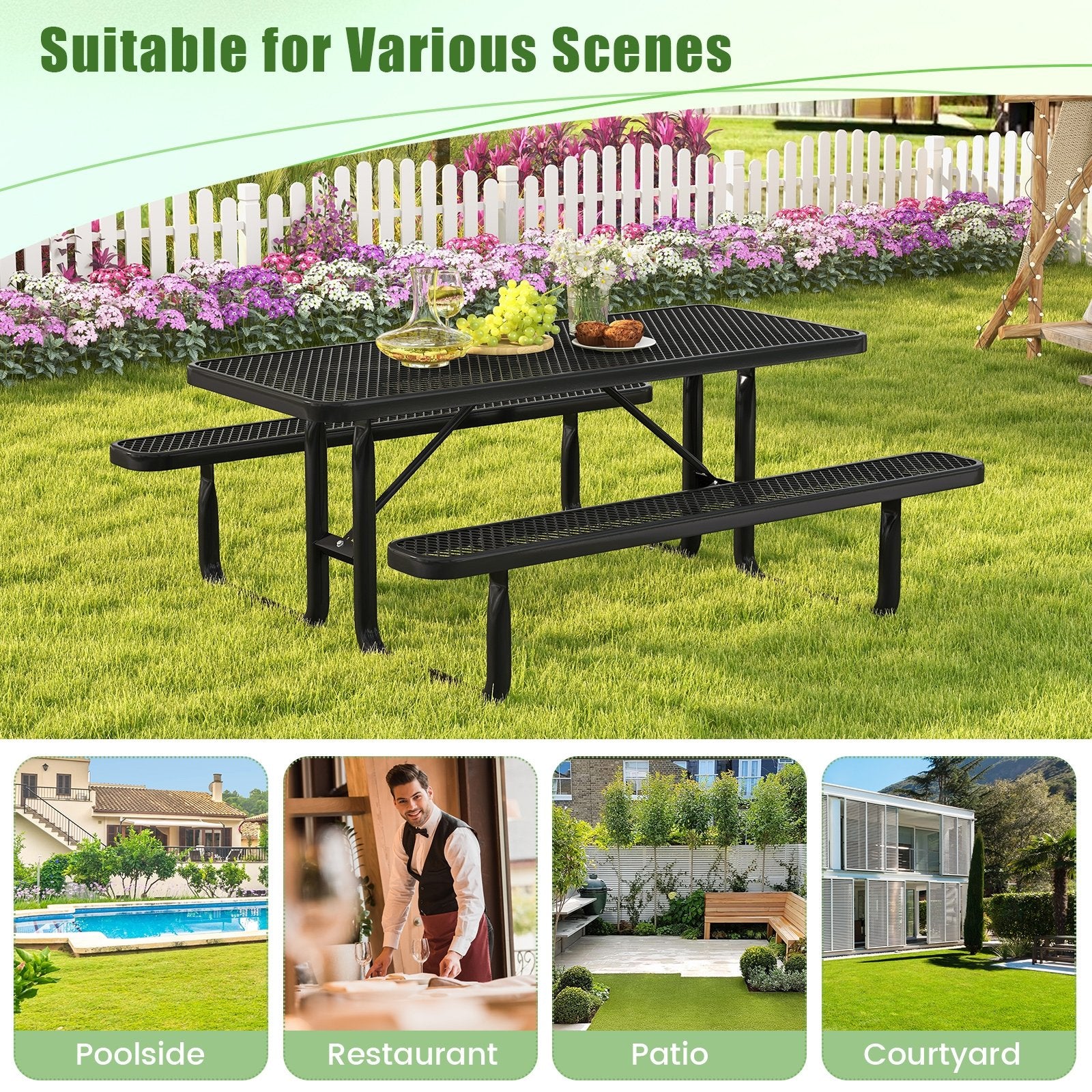 Outdoor Picnic Table and Bench Set for 8 Person with Seats and Mesh Grid, Black Picnic Tables   at Gallery Canada