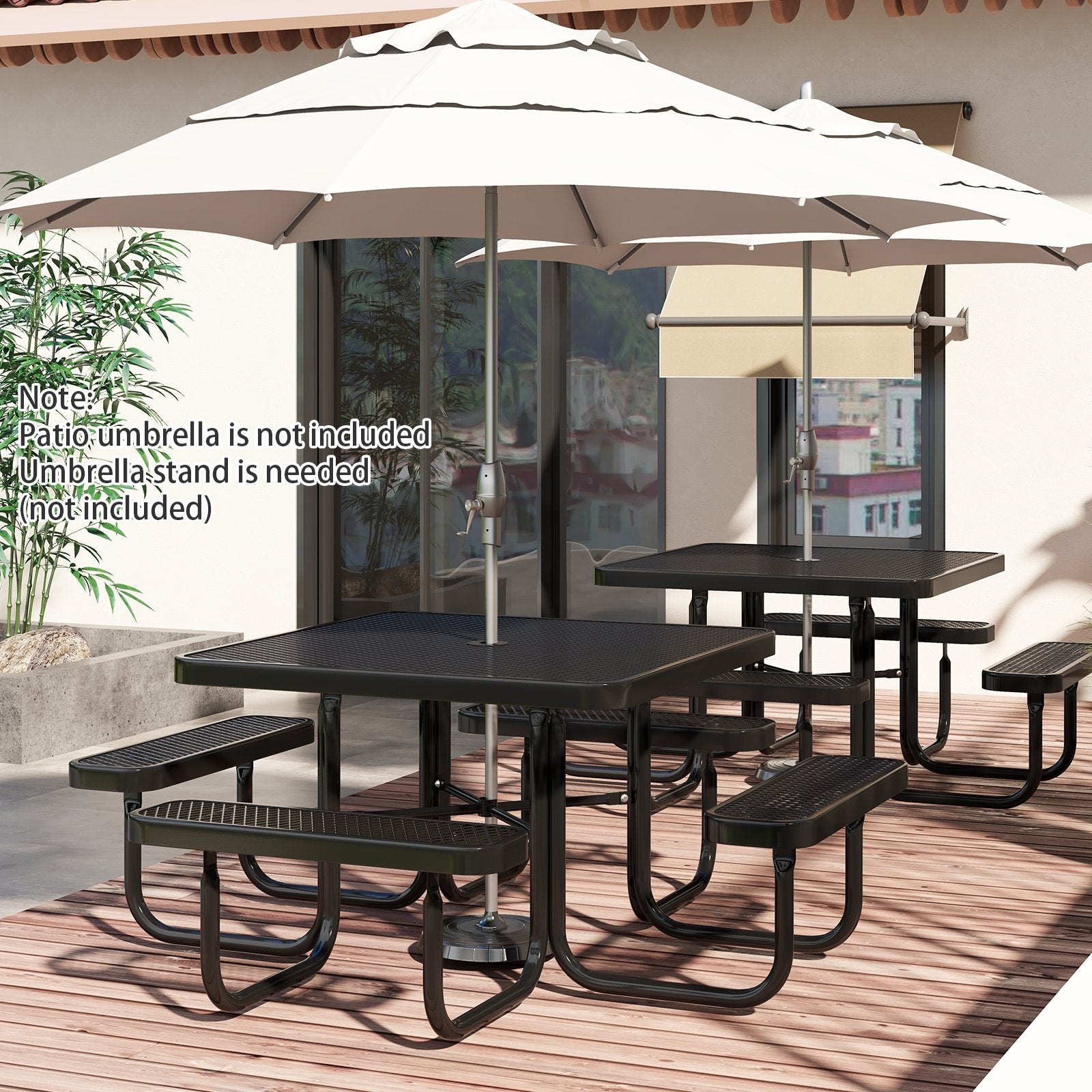 Square Picnic Table and Bench for 8 Person with Seats and Umbrella Hole, Black Picnic Tables   at Gallery Canada