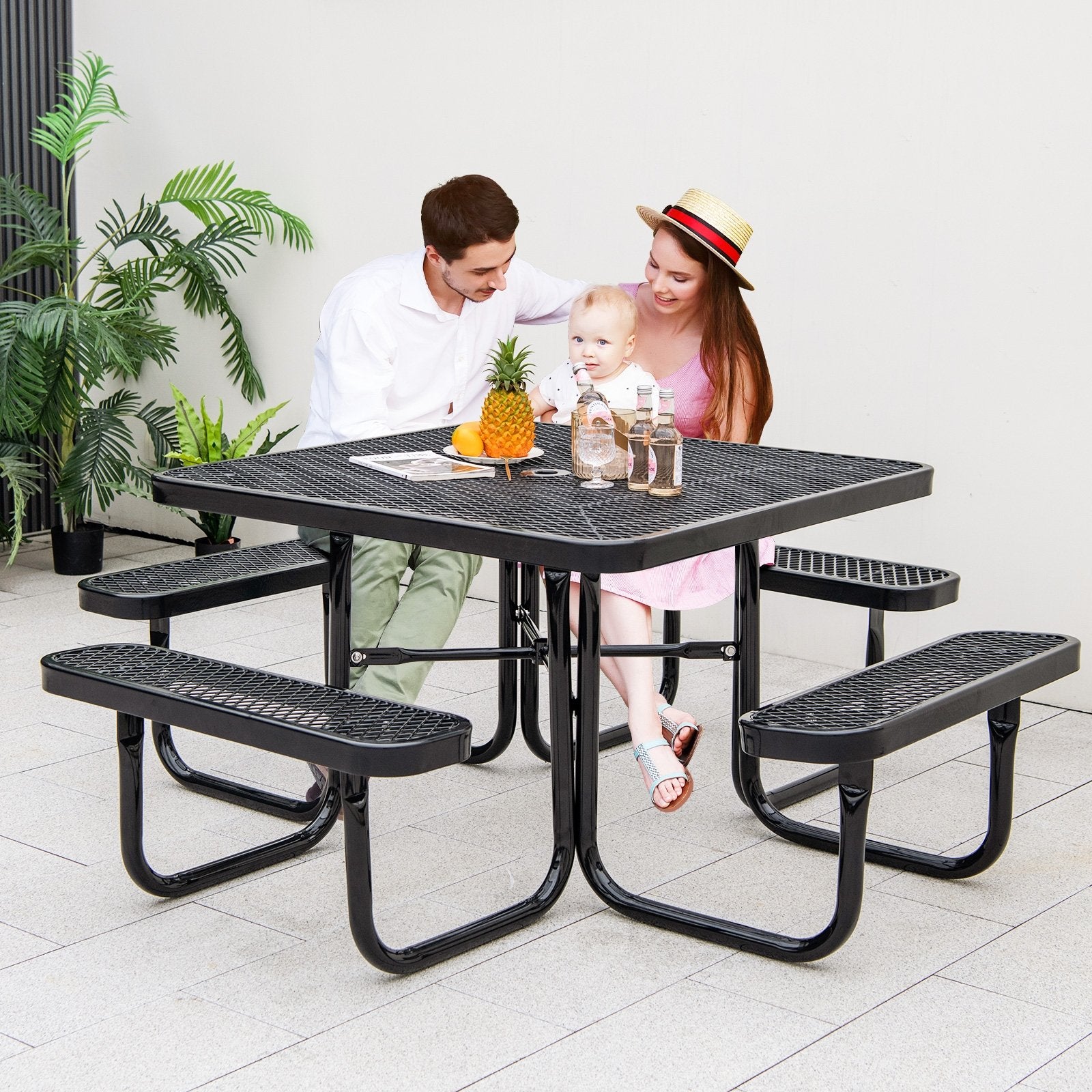 Square Picnic Table and Bench for 8 Person with Seats and Umbrella Hole, Black Picnic Tables   at Gallery Canada