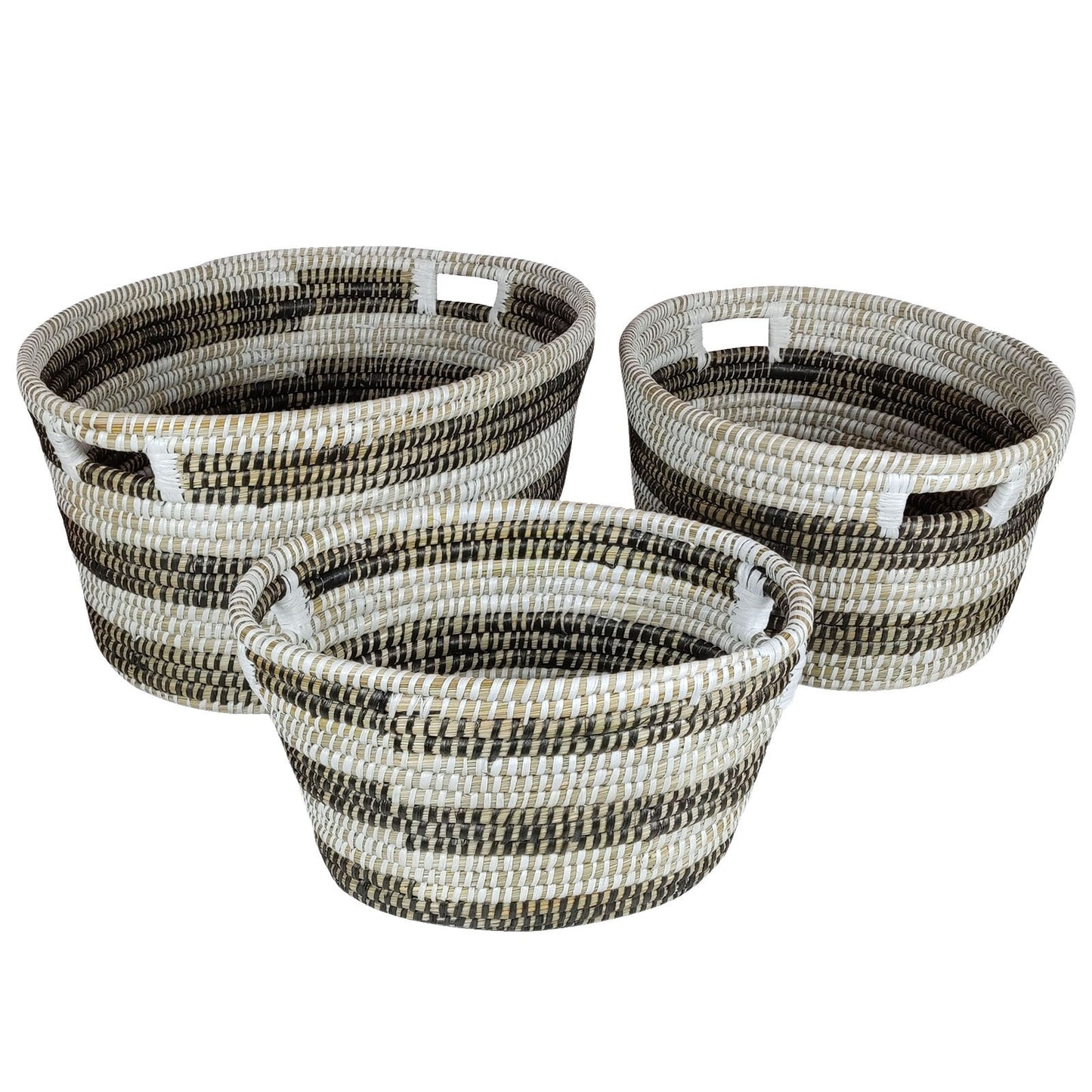 Natural Canes Grass Baskets Stackable Storage Bins Set of 3 with Hollowed Handles Laundry Baskets   at Gallery Canada