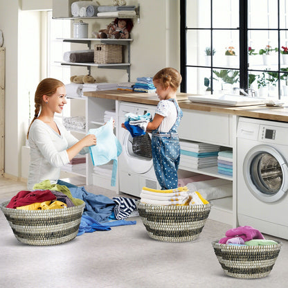 Natural Canes Grass Baskets Stackable Storage Bins Set of 3 with Hollowed Handles Laundry Baskets   at Gallery Canada