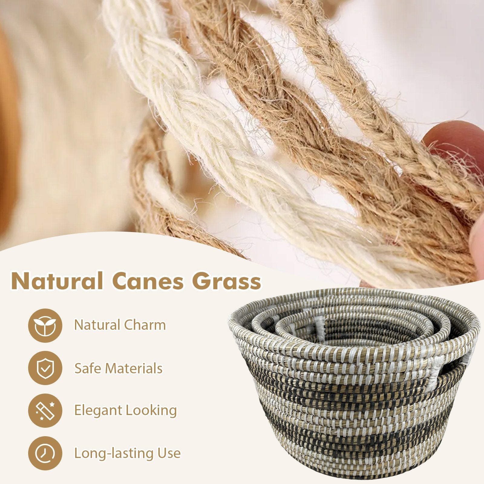 Natural Canes Grass Baskets Stackable Storage Bins Set of 3 with Hollowed Handles Laundry Baskets   at Gallery Canada