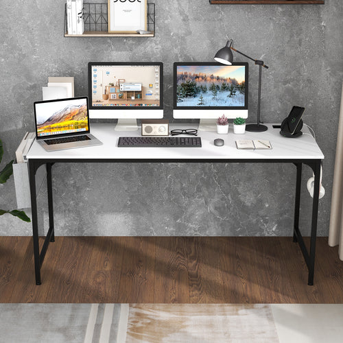 60 Inch Computer Desk with Charging Station Storage Bag, White