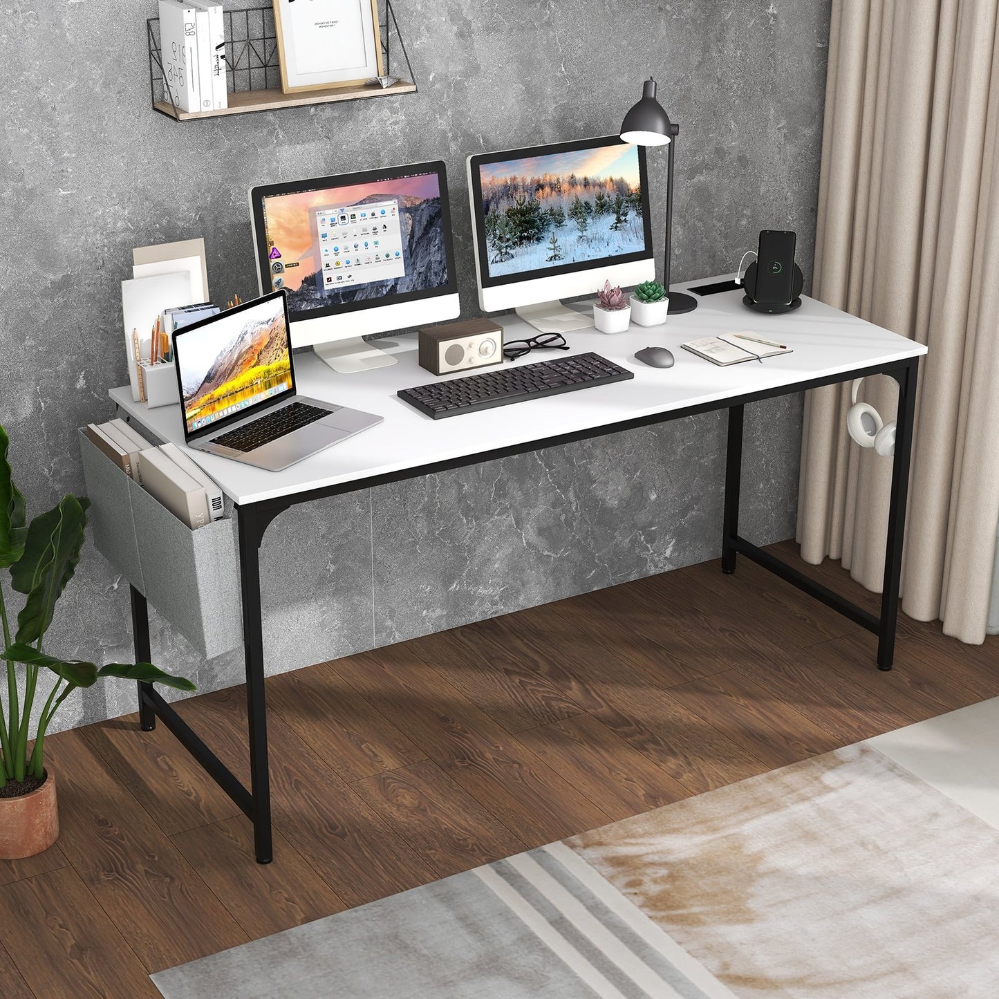 60 Inch Computer Desk with Charging Station Storage Bag, White Computer Desks   at Gallery Canada