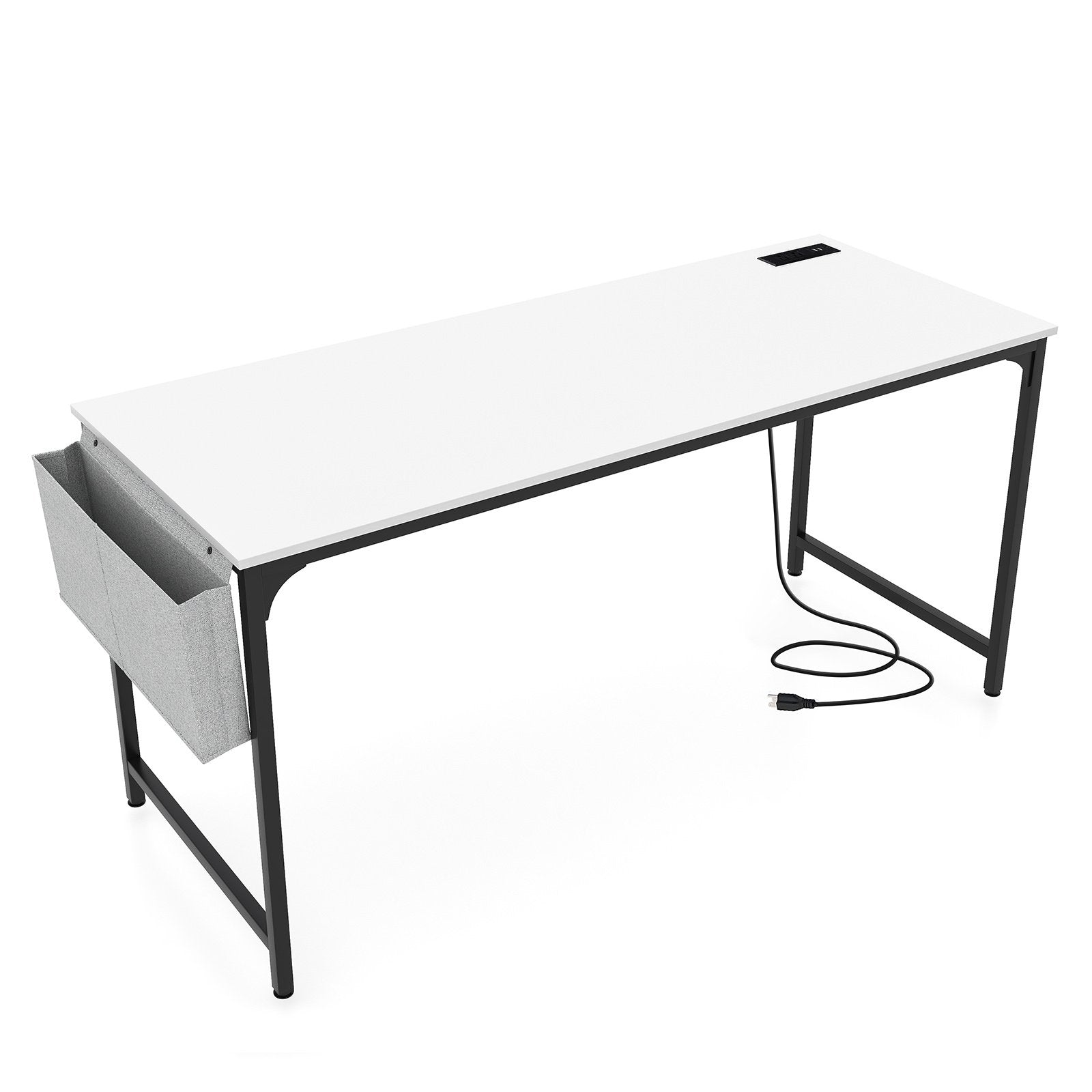 60 Inch Computer Desk with Charging Station Storage Bag, White Computer Desks   at Gallery Canada