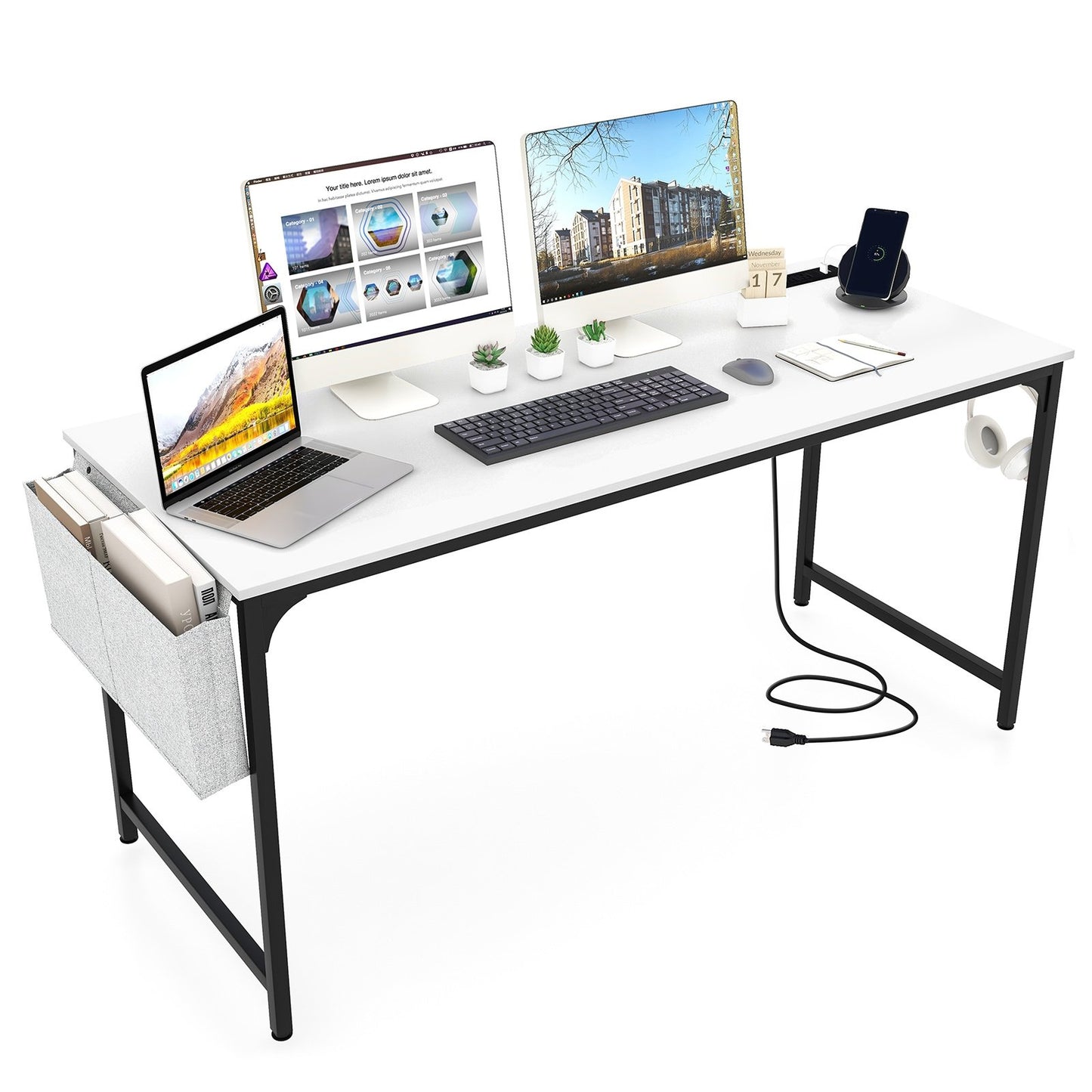 60 Inch Computer Desk with Charging Station Storage Bag, White Computer Desks   at Gallery Canada