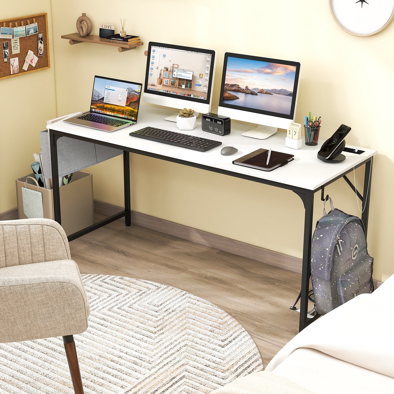 60 Inch Computer Desk with Charging Station Storage Bag, White Computer Desks   at Gallery Canada