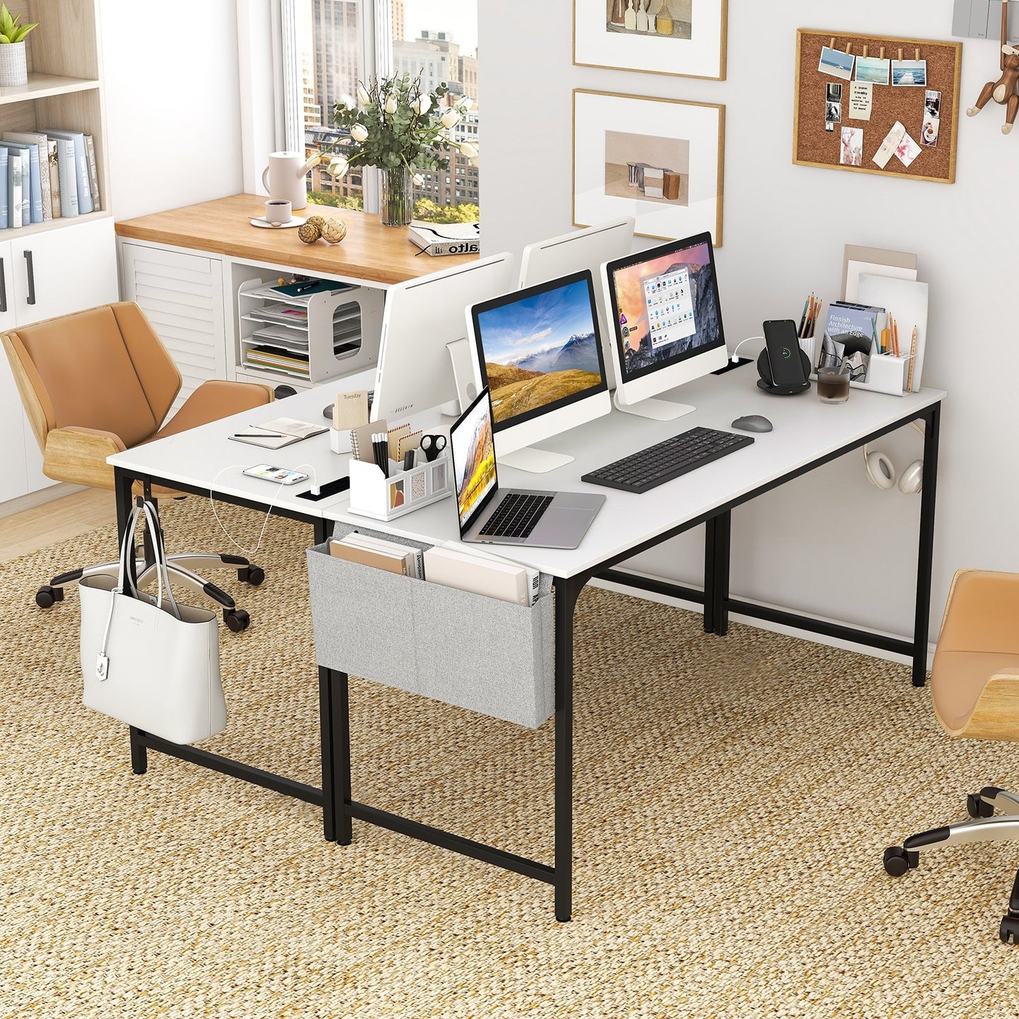 60 Inch Computer Desk with Charging Station Storage Bag, White Computer Desks   at Gallery Canada