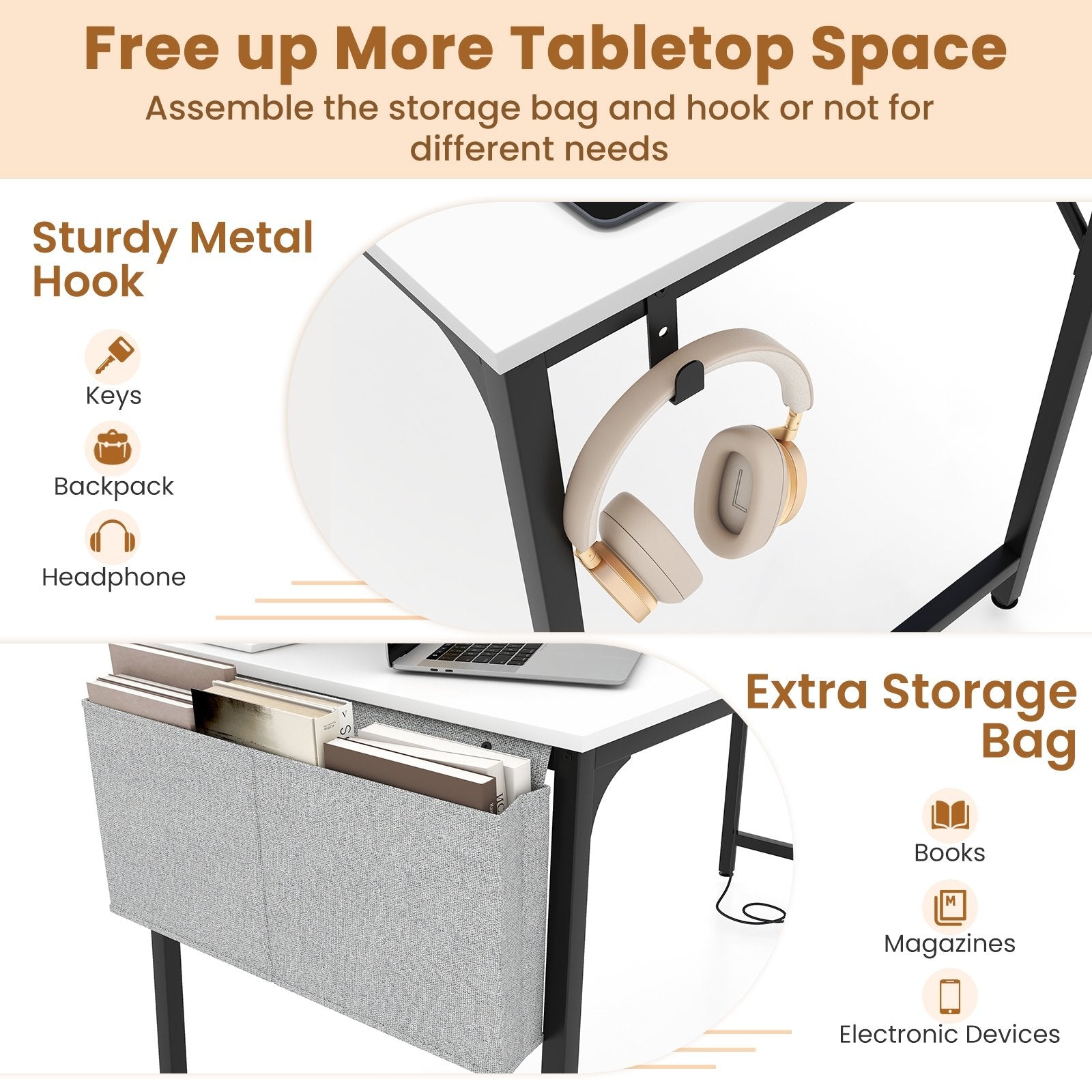 60 Inch Computer Desk with Charging Station Storage Bag, White Computer Desks   at Gallery Canada