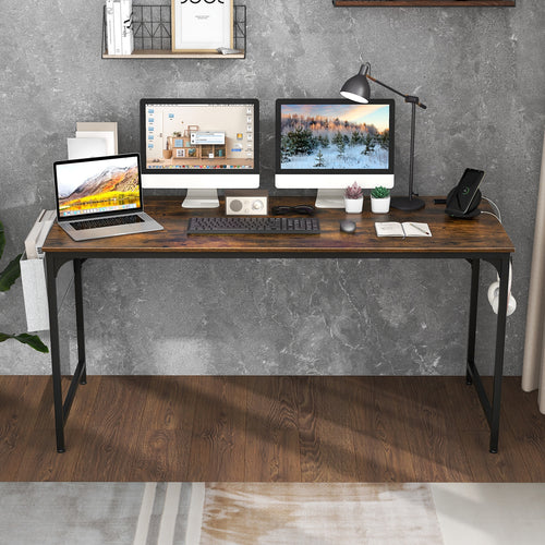 60 Inch Computer Desk with Charging Station Storage Bag, Rustic Brown
