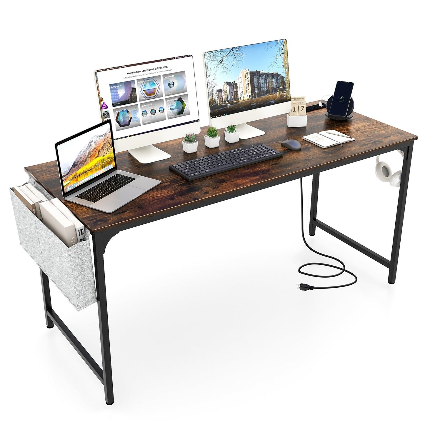 60 Inch Computer Desk with Charging Station Storage Bag, Rustic Brown Computer Desks   at Gallery Canada