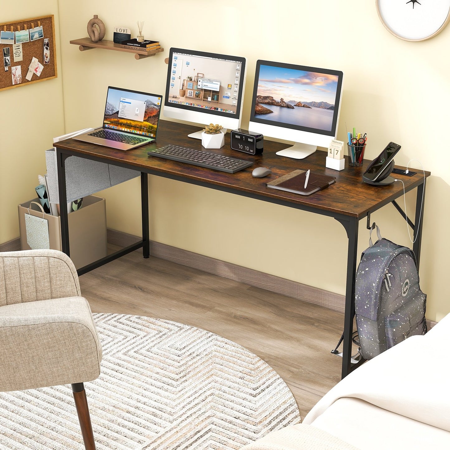 60 Inch Computer Desk with Charging Station Storage Bag, Rustic Brown Computer Desks   at Gallery Canada