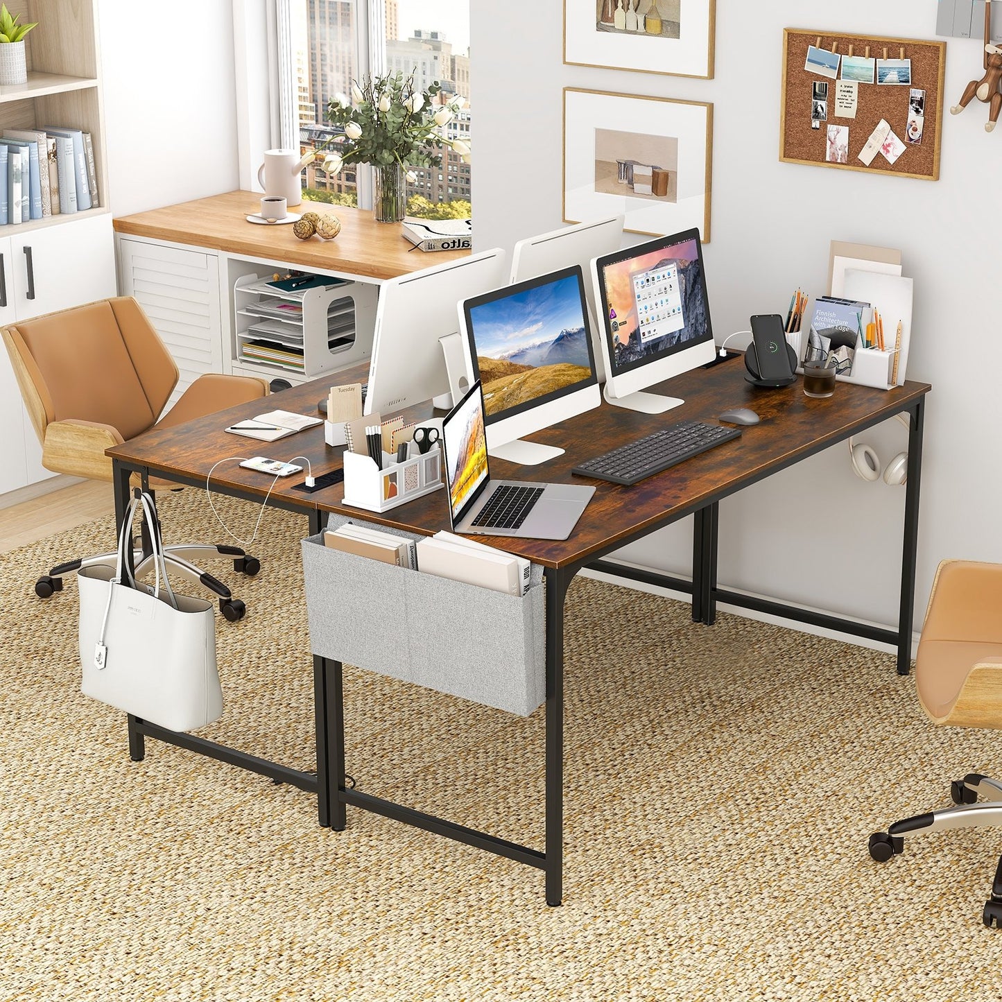 60 Inch Computer Desk with Charging Station Storage Bag, Rustic Brown Computer Desks   at Gallery Canada