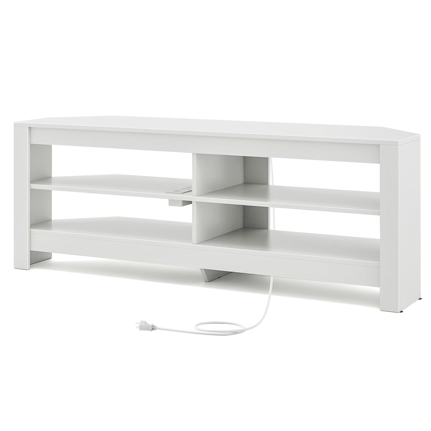 Corner TV Stand with Power Outlet and 4 Open Storage Shelves, White Entertainment Centers & TV Stands   at Gallery Canada