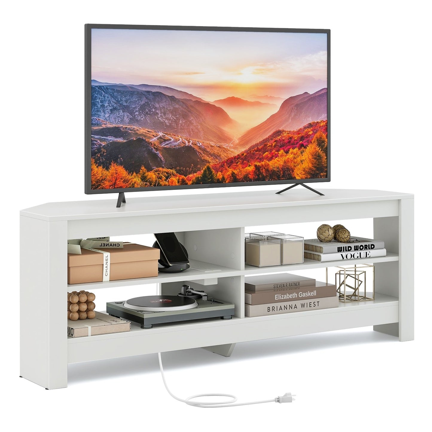 Corner TV Stand with Power Outlet and 4 Open Storage Shelves, White Entertainment Centers & TV Stands   at Gallery Canada