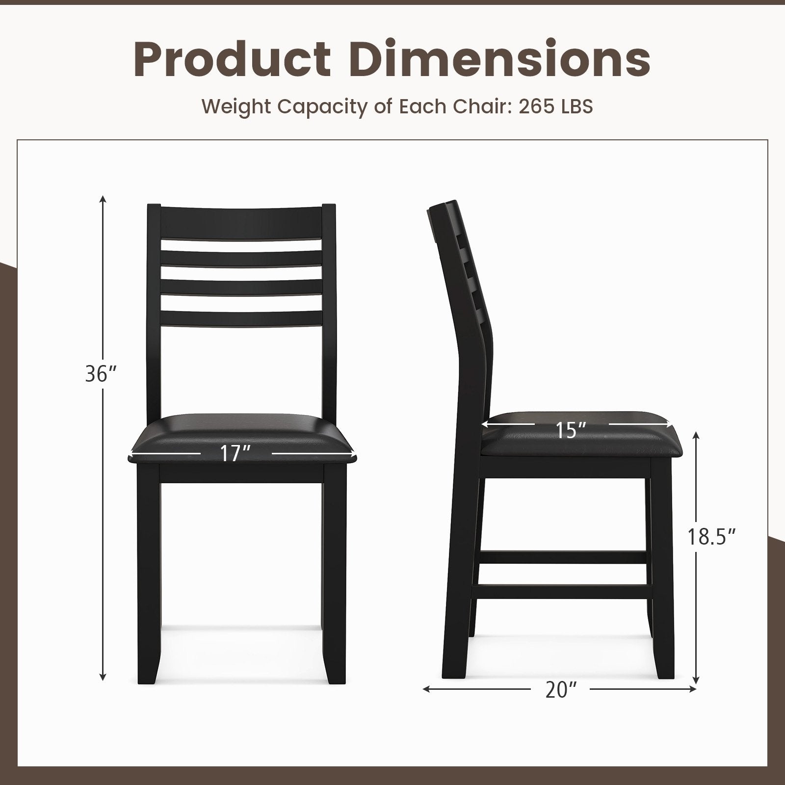 Wooden Dining Chair Set of 2 with Rubber Wood Frame  Padded Cushion and Ladder Back, Black Dining Chairs   at Gallery Canada