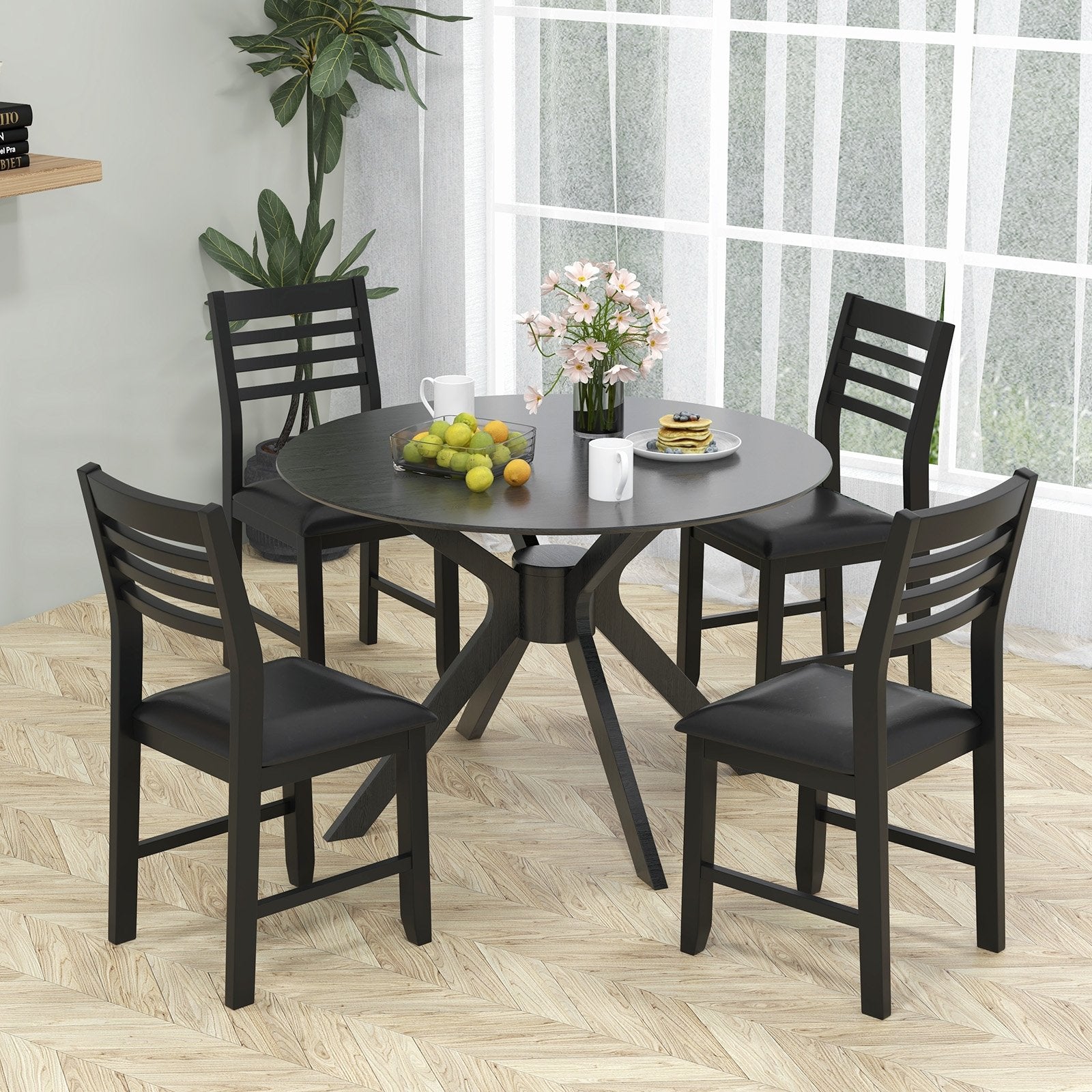 Wooden Dining Chair Set of 2 with Rubber Wood Frame  Padded Cushion and Ladder Back, Black Dining Chairs   at Gallery Canada